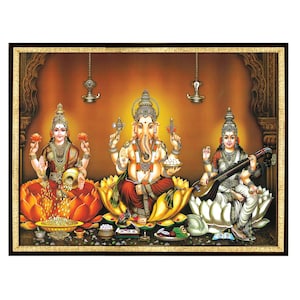 3-in-1 Lakshmi Ganesha Saraswati Photo Frame, For Daily Puja At Home Or Office