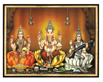 Impresión enmarcada de Lakshmi Ganesha Saraswati, Puja casera hindú