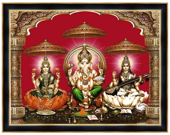 Impresión enmarcada Lakshmi Ganesha Saraswati, decoración hindú Puja
