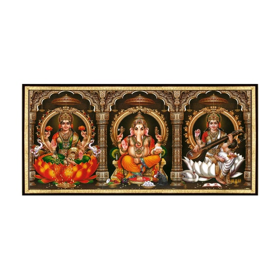 Laxmi Ganesh Saraswati Hindu Gods Photo Picture Framed 20 X 14 Gold Frame