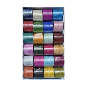 May include: A box filled with rows of colorful bangles. The bangles are in various colors, including blue, green, pink, and gold. The bangles are made of a shiny material and are stacked neatly in the box. The box is white.