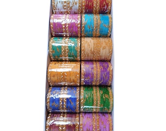 12 Colored Metal Bangle Set With Golden Outline: 432 Bangles For Indian Wedding Favors, Mehndi Sangeet Gifts