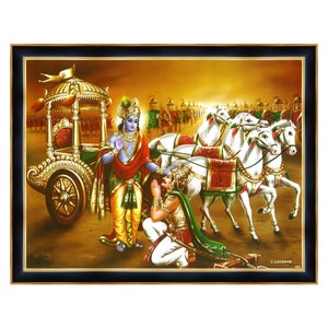 Arjun With Lord Krishna on Chariot, Mahabharata Frame, Epic Scene Of Bhagwad Gita