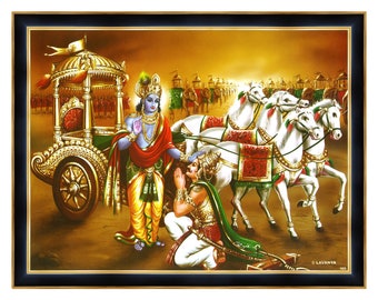 Arjun mit Lord Krishna auf Streitwagen, Mahabharata-Rahmen, epische Szene von Bhagwad Gita geliefert Zoll für die USA bezahlt
