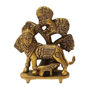 Kamadhenu Brass Idol, With Kalpavriksha. Purest Symbol Of Abundance & Fulfillment Of Desires