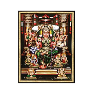 May include: A colorful framed print depicting a Hindu deity, a woman with multiple arms, seated on a throne with other figures surrounding her. The print has a gold frame and a black background.