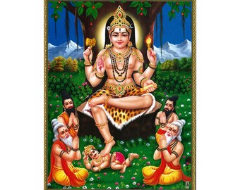May include: A vibrant, framed artwork depicting a deity seated under a tree, surrounded by figures in traditional attire. The central figure is adorned with jewelry and a leopard-print garment. The background features a lush green landscape, mountains, and a bright sky.