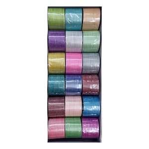 May include: A collection of eighteen sets of thin metal bangles arranged in a rectangular box. Each set features a distinct solid colour including shades of green, blue, purple, pink, yellow, silver, beige, and red, all with a smooth finish.