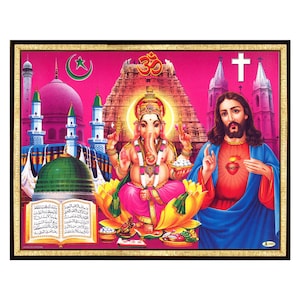 May include: A framed religious artwork depicting Ganesha, Jesus, and Islamic symbols. The image is set against a pink background, with a gold-coloured frame. The artwork includes various religious figures and symbols.