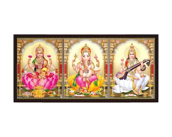 Ganesha, Lakshmi & Saraswati Religious Photo Frame, Pooja Room Decor