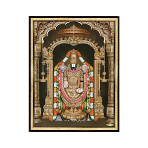May include: A framed religious print featuring a deity in a golden ornate setting. The deity is depicted with a black face, a golden crown, and a garland of flowers. The background is dark green with gold accents.