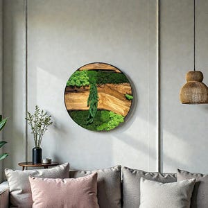 Olive Wood and Preserved Moss Round Wall Art, Large Biophilic Home Decor