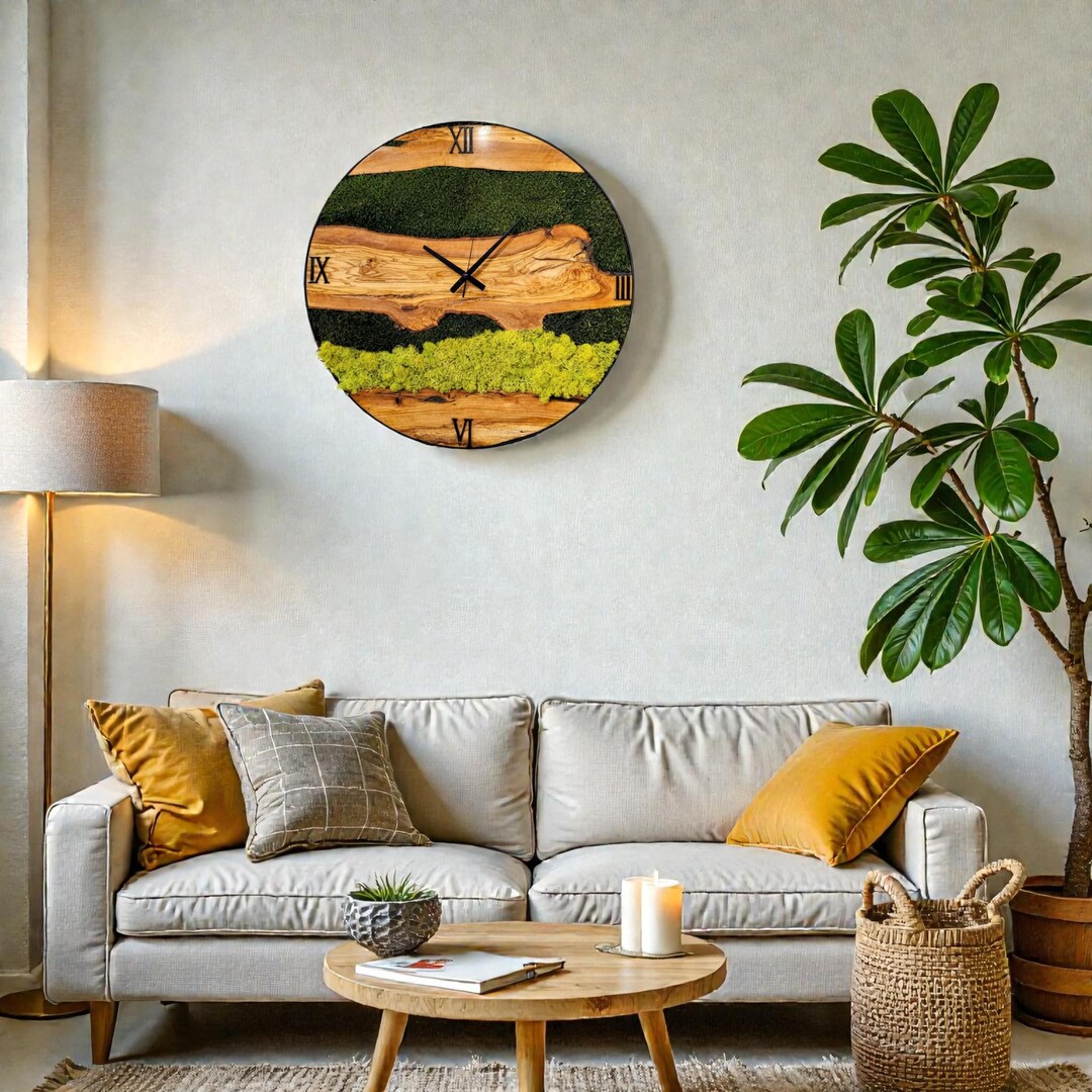 Handmade Olive Wood Moss Wall Clock, Rustic Metal Frame, Eco-friendly ...