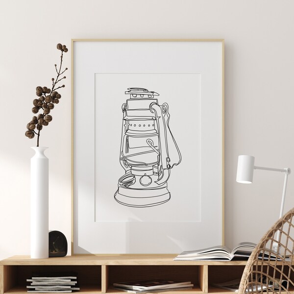 KEROSENE LAMP line art, digital download, oil lamp print, ancient lantern poster, light fire sketch, outline drawing, minimalist wall art