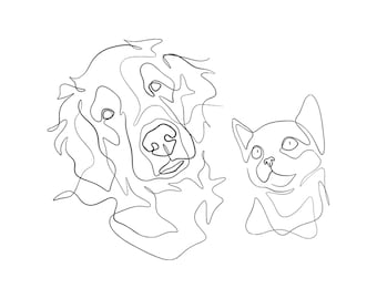 May include: Line drawing illustration of a dog and a cat looking at each other. The dog is on the left and the cat is on the right. Both animals are drawn in a single continuous line.