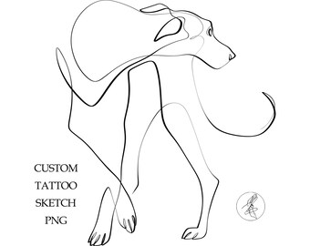 May include: A minimalist black line drawing of a dog in a walking pose. The artwork is a custom tattoo sketch in PNG format, with the words "CUSTOM TATTOO SKETCH PNG" and a small circular logo. The dog's form is created with a continuous line.