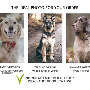 May include: Three images showing examples of ideal photos for a pet portrait order. The first image shows a golden retriever with a happy expression, the second image shows a German Shepherd sitting with its whole body visible, and the third image shows a Springer Spaniel sitting at a 3/4 angle with its chest visible. The text below the images reads: "NICE FACE EXPRESSION THE TONGUE IS NOT PUSH OUT EXTREMELY TAKEN AT EYE LEVEL WHOLE BODY IS VISIBLE 3/4 ANGLE WORKS GREAT VISIBLE CHEST AREA ARE YOU NOT SURE IN THE PHOTO? PLEASE CHAT ME ON ETSY FIRST!"
