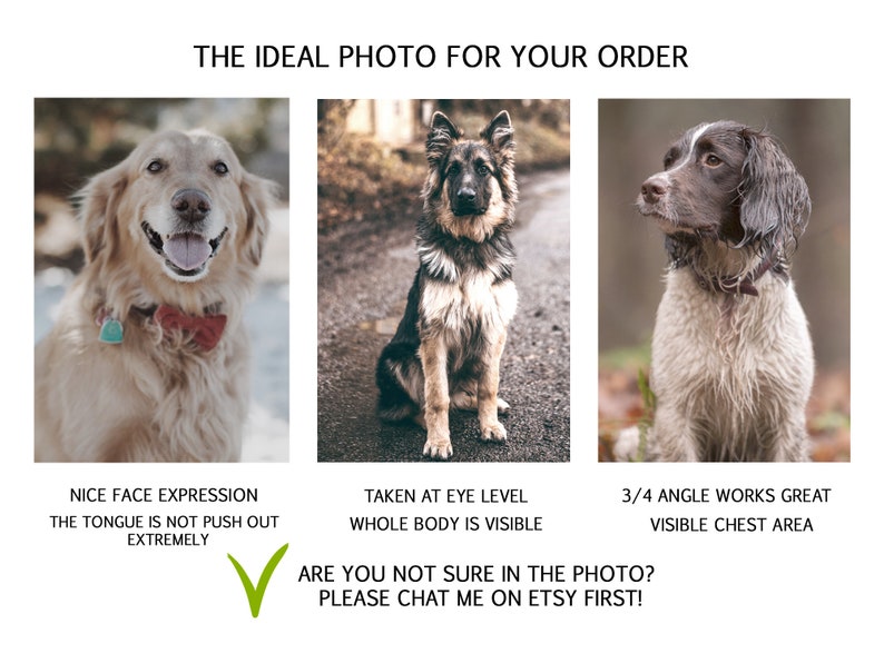 May include: Three images showing examples of ideal photos for a pet portrait order. The first image shows a golden retriever with a happy expression, the second image shows a German Shepherd sitting with its whole body visible, and the third image shows a Springer Spaniel sitting at a 3/4 angle with its chest visible. The text below the images reads: "NICE FACE EXPRESSION THE TONGUE IS NOT PUSH OUT EXTREMELY TAKEN AT EYE LEVEL WHOLE BODY IS VISIBLE 3/4 ANGLE WORKS GREAT VISIBLE CHEST AREA ARE YOU NOT SURE IN THE PHOTO? PLEASE CHAT ME ON ETSY FIRST!"