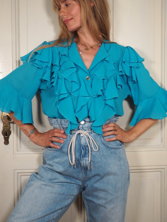 Ruffle blouse, turquoise blouse, elegant blouse, v