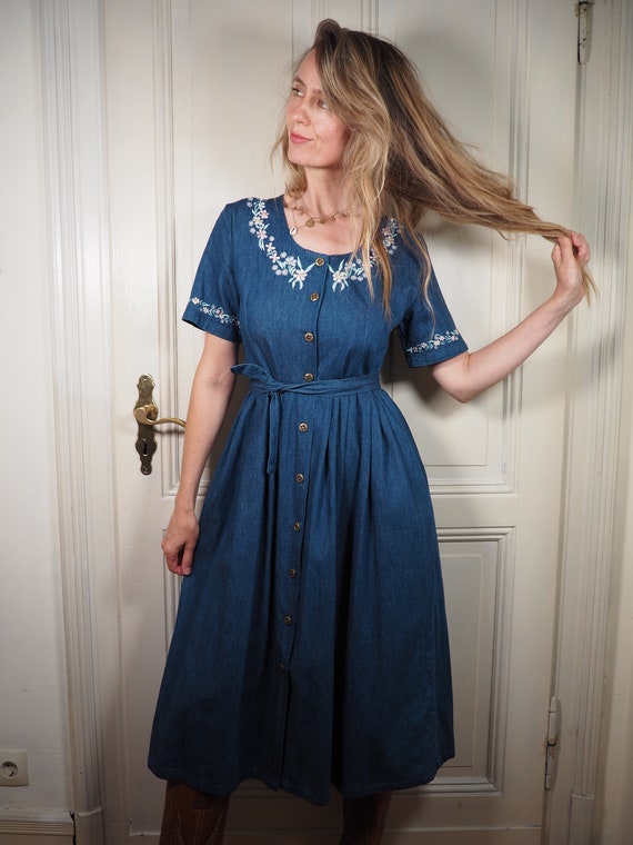 1990s denim dress, folklore dress, embroidered den