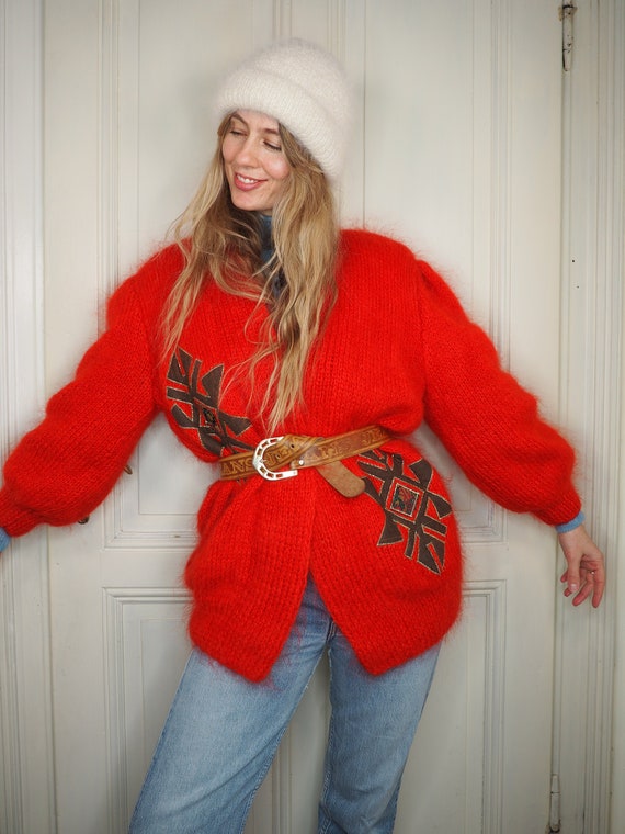 red cardigan, mohair cardigan, cardigans, vintage
