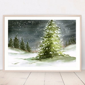 Evergreen at Night, Winter Landscape, Pine Trees, Watercolor Painting, Printable Wall Art, Instant Download, Home Office Decor