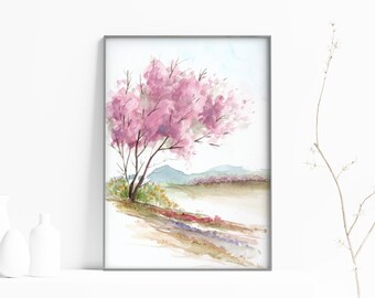 Spring Pink Blossoms Tree Landscape Printable Wall Art, Downloadable Print, Digital Download, Home Office Decor