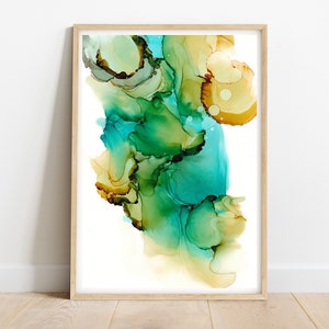 Water leaves in Aquamarine Beige. Original Alcohol Ink Abstract Art painting as Digital Download and Printable Wall Art File. image 2
