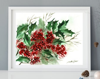 Holly Leaves and Berries, Watercolor Painting, Printable Wall Art, Digital Download, Downloadable Print, Instant Download