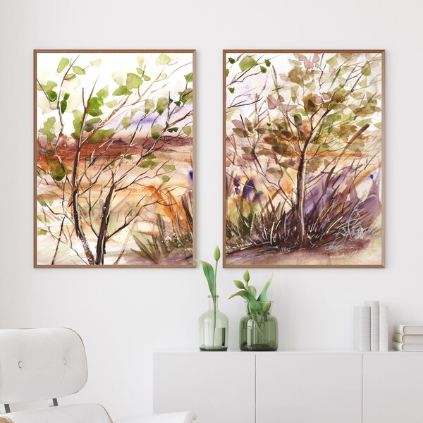 Wild Bushes, Watercolor Landscape, Set of 2 Large Prints, Printable Wall Art, Digital Download, Downloadable Prints, Home Office Decor