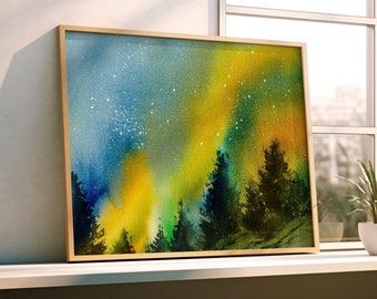 Northern Lights, Aurora, Night Sky Watercolor Skyscape, Printable Large Wall Art, Downloadable Print, Digital Download
