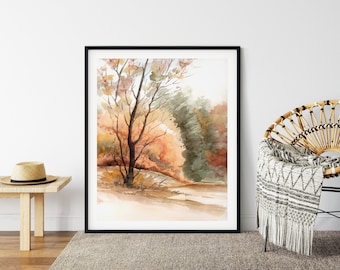 Autumn Forest Landscape, Watercolor Landscape, Printable Wall Art, Downloadable Print, Digital  Download, Home Office Decor