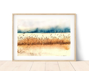 Winter Wheat Landscape Watercolor Printable Wall Art, Downloadable Print, Digital Download, Home Office Decor