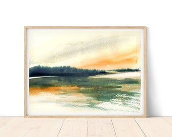 Lake Landscape, Colorful Sky, Landscape Watercolor Painting, Printable Wall Art, Downloadable Print, Digital Download, Home Office Decor