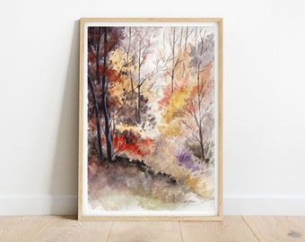 Deep Forest Autumn Landscape Printable Watercolor Art, Downloadable Print, Digital Download, Home Office Decor