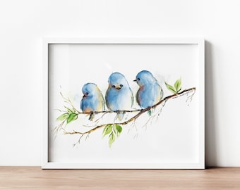 Cute Little Blue Birds, Bird Prints, Printable Nursery Wall Art, Instant Download, Downloadable Print, Original Watercolor Painting