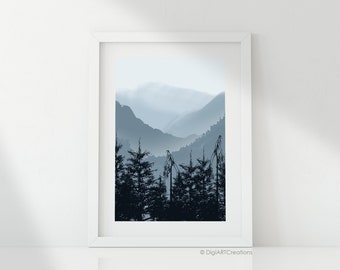 Dusky Blue Mountains, Pine, Blush Blue Landscape, Printable Wall Art, Large Wall Art, Downloadable Print, Digital Download