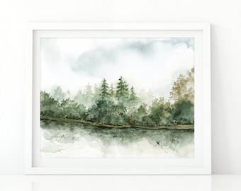 Wood Landscape, Lake Landscape, Watercolor Landscape, Printable Wall Art, Downloadable Prints, Home Office Decor, Digital Download, green