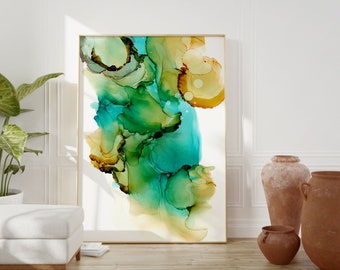 Water leaves in Aquamarine Beige. Original Alcohol Ink Abstract Art painting as Digital Download and Printable Wall Art File.