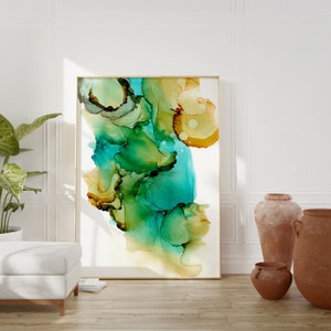 Water leaves in Aquamarine Beige. Original Alcohol Ink Abstract Art painting as Digital Download and Printable Wall Art File. image 1