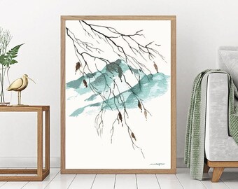 Branches and Blue Mountain Printable Nature Winter Scene Art. Instant Download Digital DIY Printable Wall Art. Original Watercolor Painting