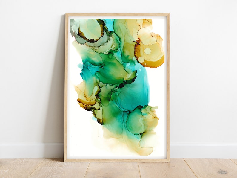 Water leaves in Aquamarine Beige. Original Alcohol Ink Abstract Art painting as Digital Download and Printable Wall Art File. image 2