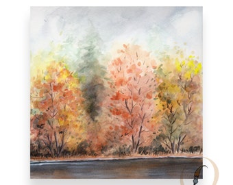 Autumn Forest Watercolor Landscape. Printable Wall Art. Downloadable Print. Digital Download. Home Office Wall Decor