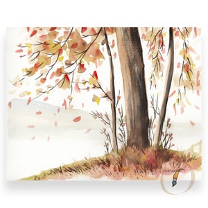 Fall Leaves. Watercolor Autumn Tree Landscape. Printable Large Wall Art. Downloadable Print. Home Office Decor