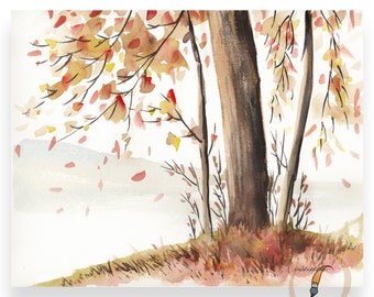 Fall Leaves. Watercolor Autumn Tree Landscape. Printable Large Wall Art. Downloadable Print. Home Office Decor