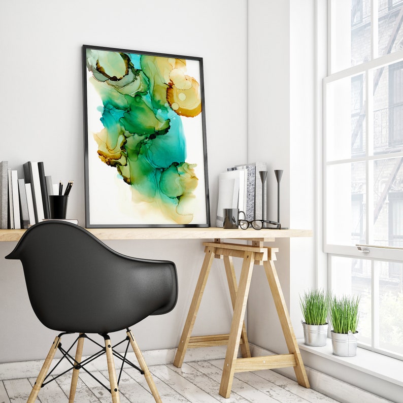 Water leaves in Aquamarine Beige. Original Alcohol Ink Abstract Art painting as Digital Download and Printable Wall Art File. image 5