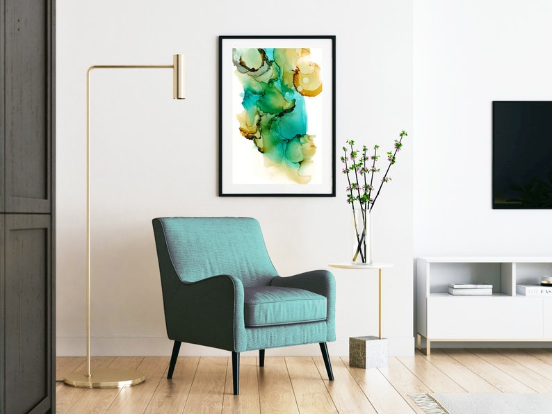 Water leaves in Aquamarine Beige. Original Alcohol Ink Abstract Art painting as Digital Download and Printable Wall Art File. image 4