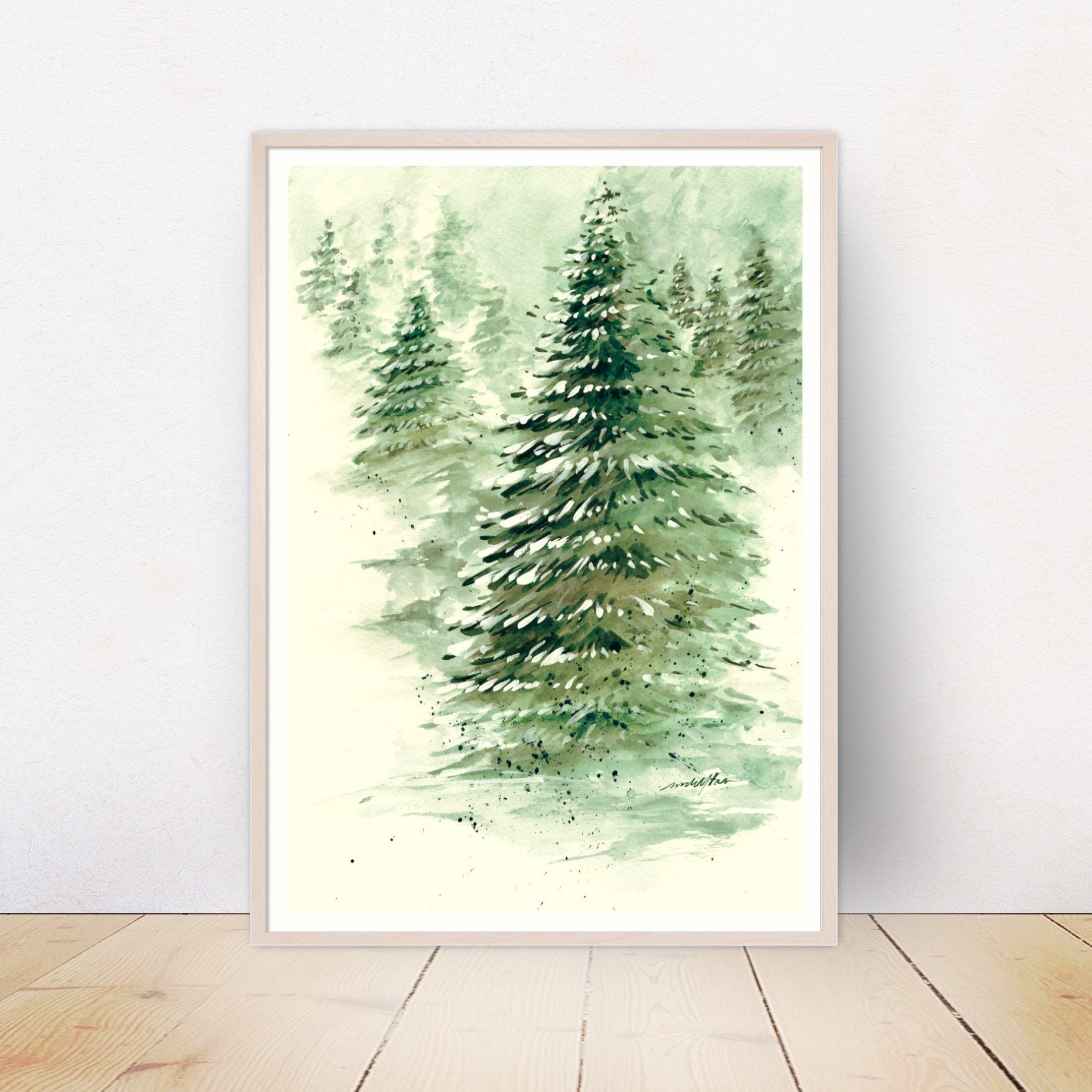 Evergreens Winter Landscape Pine Trees Watercolor Painting Etsy