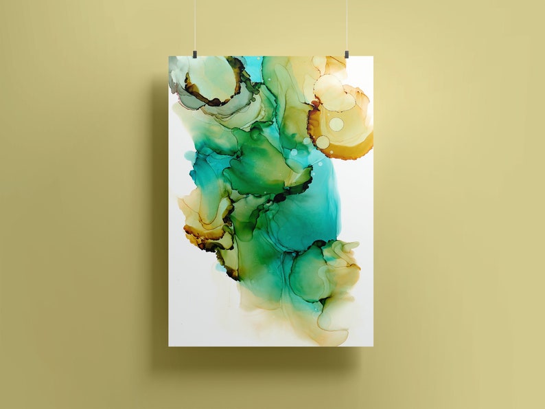 Water leaves in Aquamarine Beige. Original Alcohol Ink Abstract Art painting as Digital Download and Printable Wall Art File. image 3