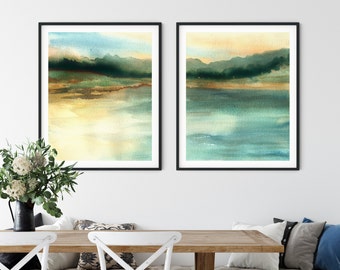 Neutral Lake Landscape, Set of 2 Prints, Sunset, Printable Wall Art, Digital Download, Downloadable Print, Original Watercolor Painting